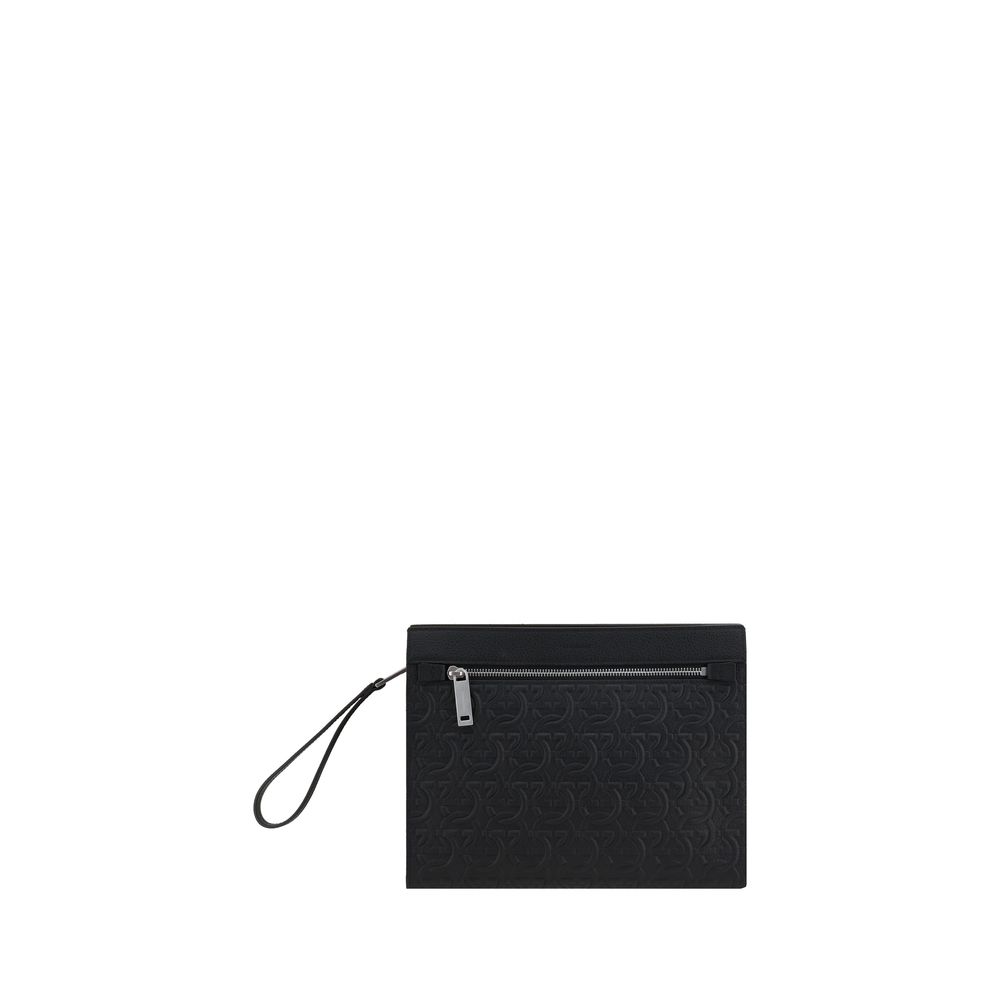 Ferragamo Black Grooved Leather Clutch Bag