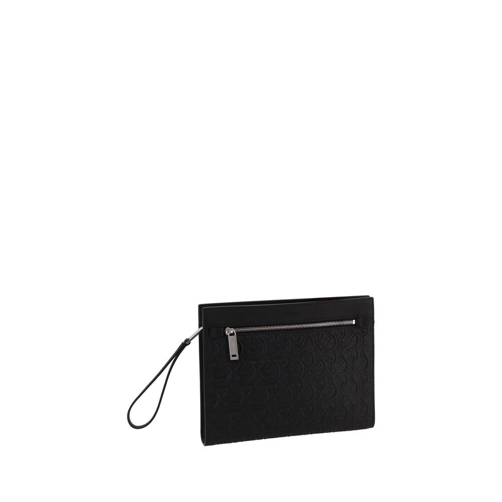 Ferragamo Black Grooved Leather Clutch Bag