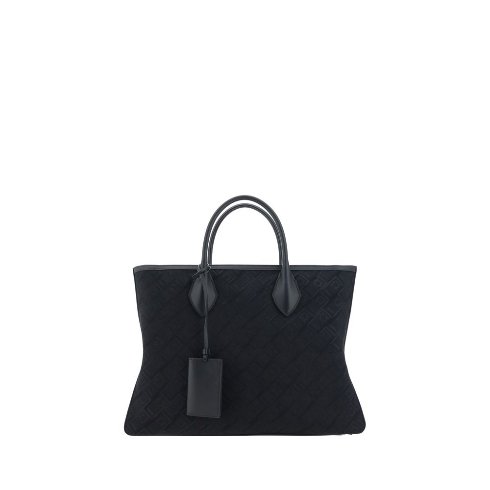 Ferragamo Beige Jacquard and Leather Tote Handbag