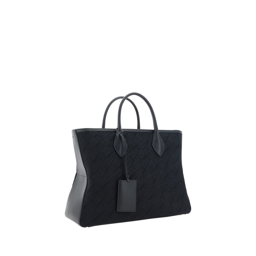 Ferragamo Beige Jacquard and Leather Tote Handbag