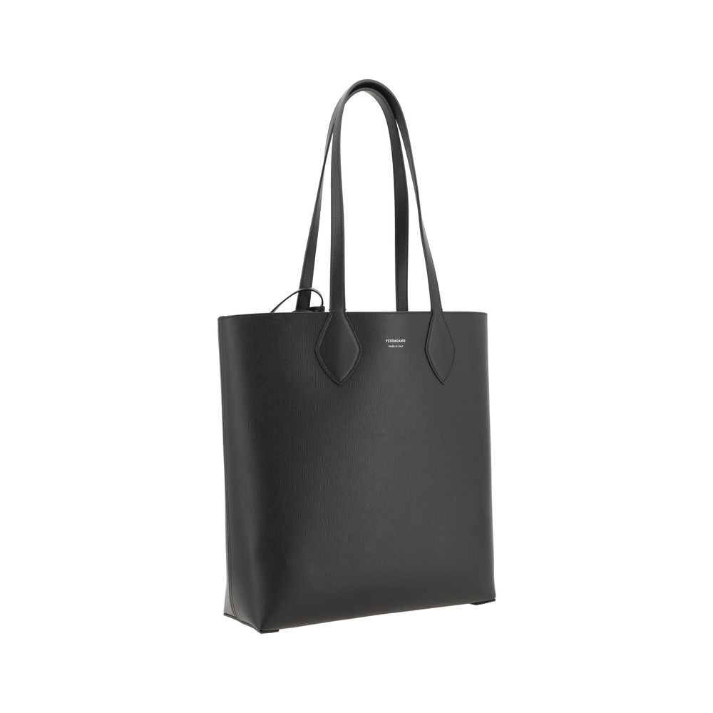Ferragamo Black Premium Grained Leather Tote Bag