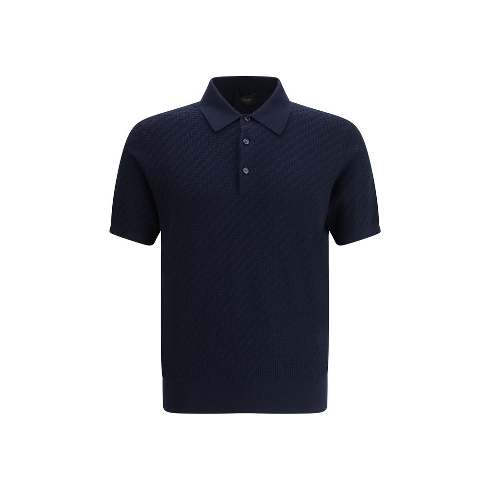 Brioni Navy Cotton Polo Shirt with Woven Pattern