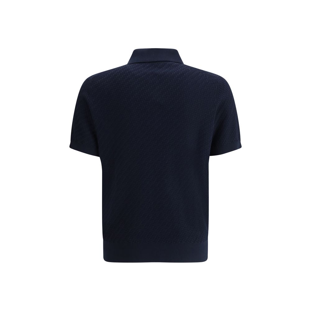 Brioni Navy Cotton Polo Shirt with Woven Pattern