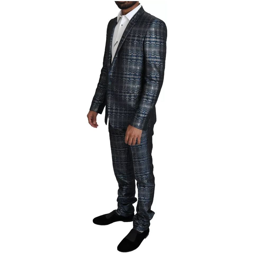Dolce & Gabbana Blue Silver Shiny Wool 2 Piece Slim Suit