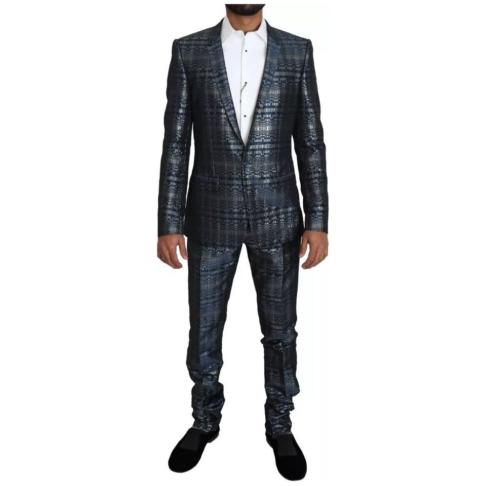 Dolce & Gabbana Blue Silver Shiny Wool 2 Piece Slim Suit