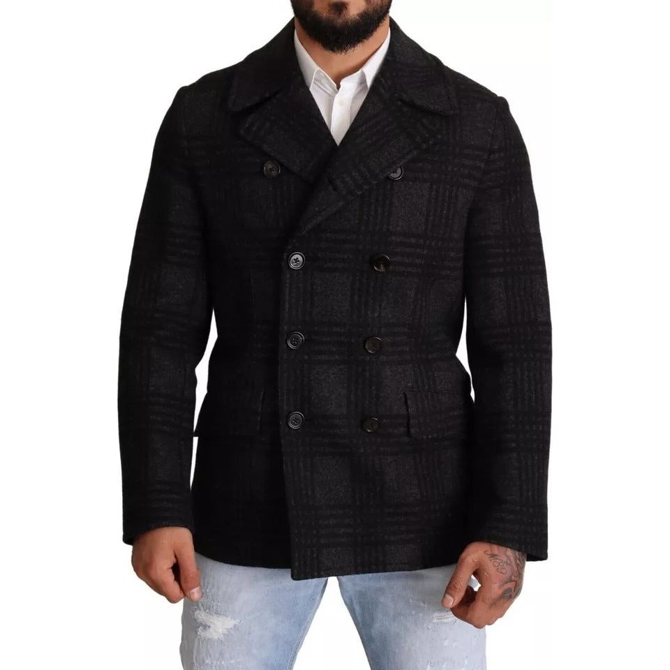 Dolce & Gabbana Black Check Wool Trench Coat Jacket