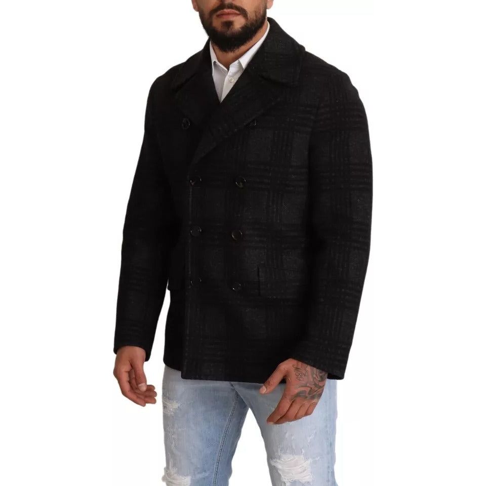 Dolce & Gabbana Black Check Wool Trench Coat Jacket