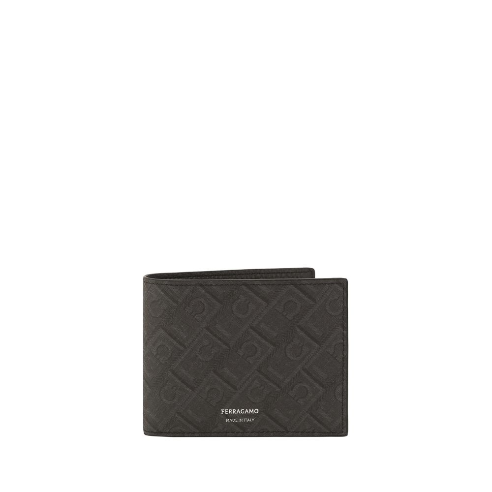 Ferragamo Black Calfskin Gancini Pattern Leather Wallet