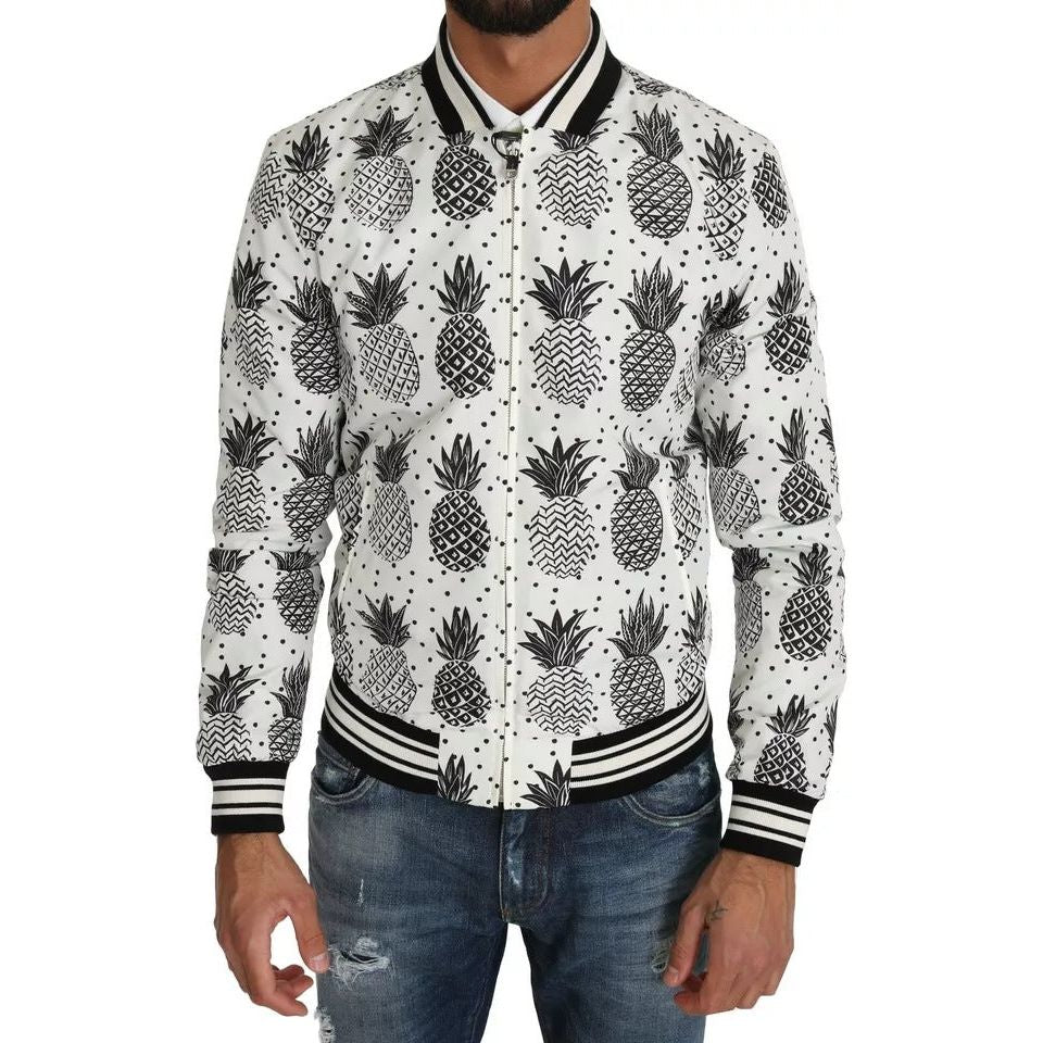 Dolce & Gabbana White Black Pineapple Bomber Coat Jacket
