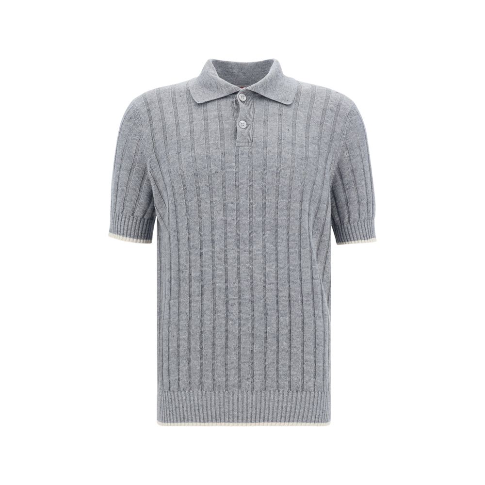 Brunello Cucinelli Grey Linen Ribbed Polo Shirt