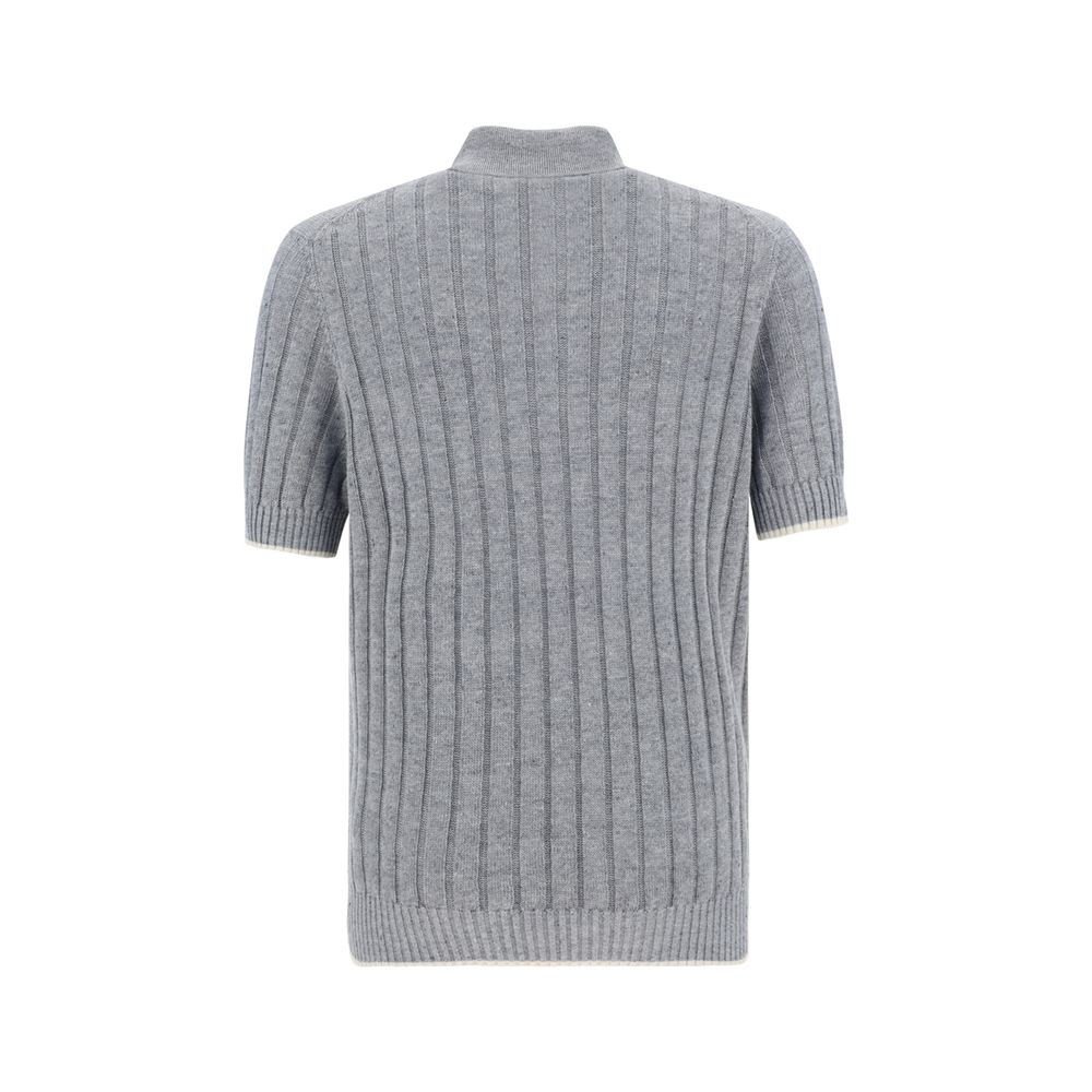Brunello Cucinelli Grey Linen Ribbed Polo Shirt