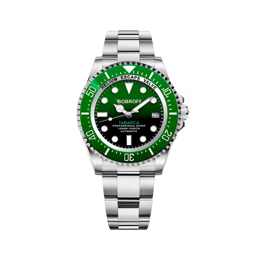 Bobroff Silver Stainless Steel Watch with Green Dial Design