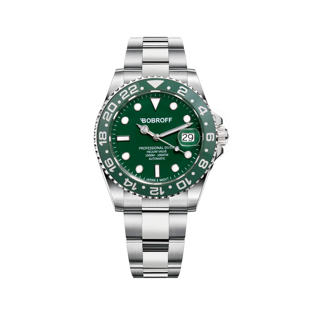 Bobroff Silver Stainless Steel Watch with Green Dial