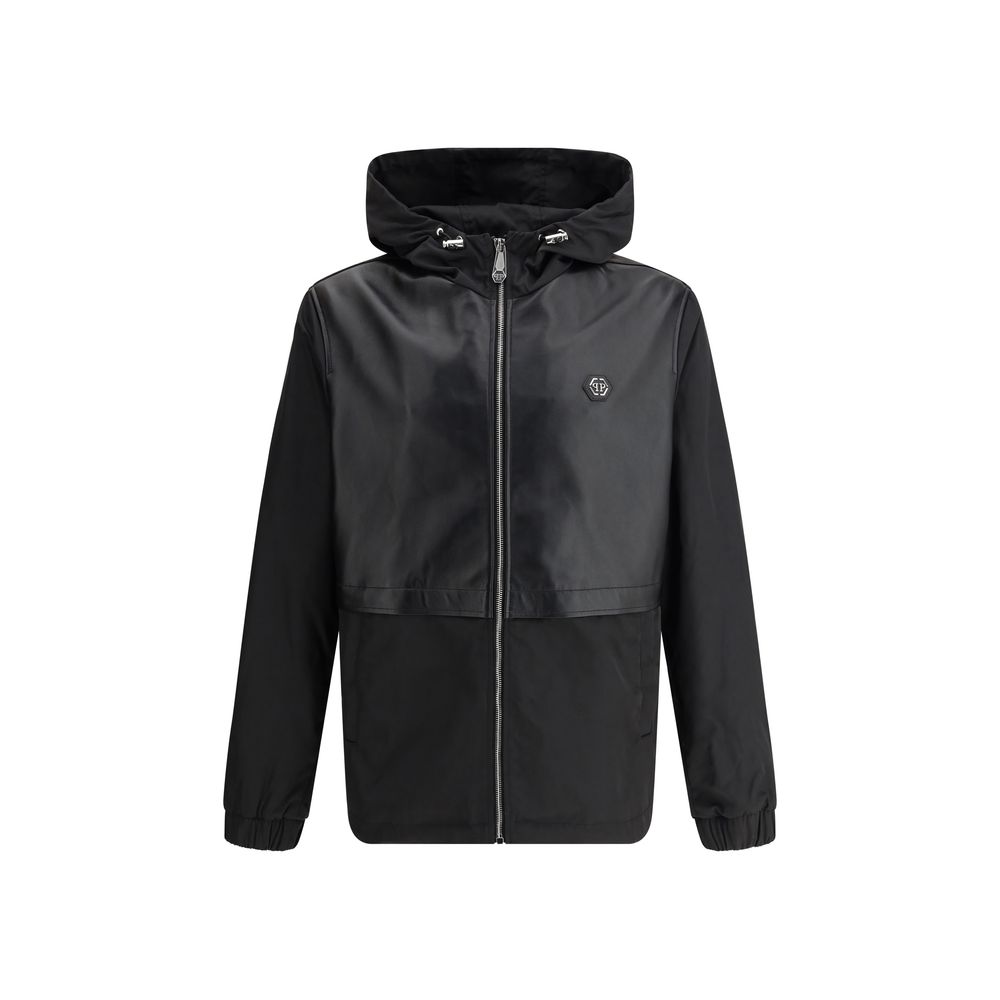 Philipp Plein Black Leather Hooded Jacket