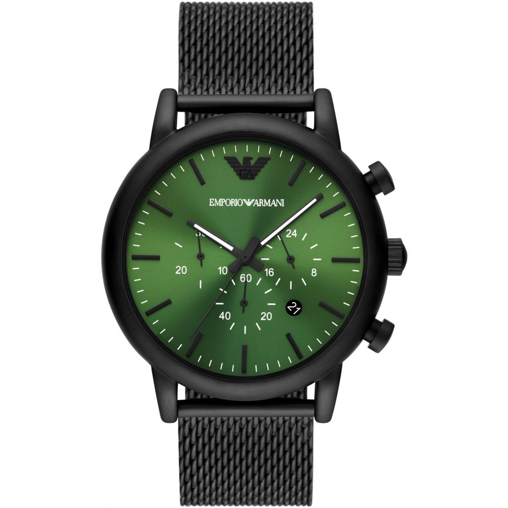 Armani Black Metal Watch with Green Dial and Chronograph