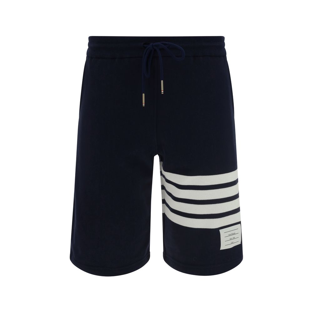 Thom Browne Navy Cotton Bermuda Shorts with Iconic Striped Detail