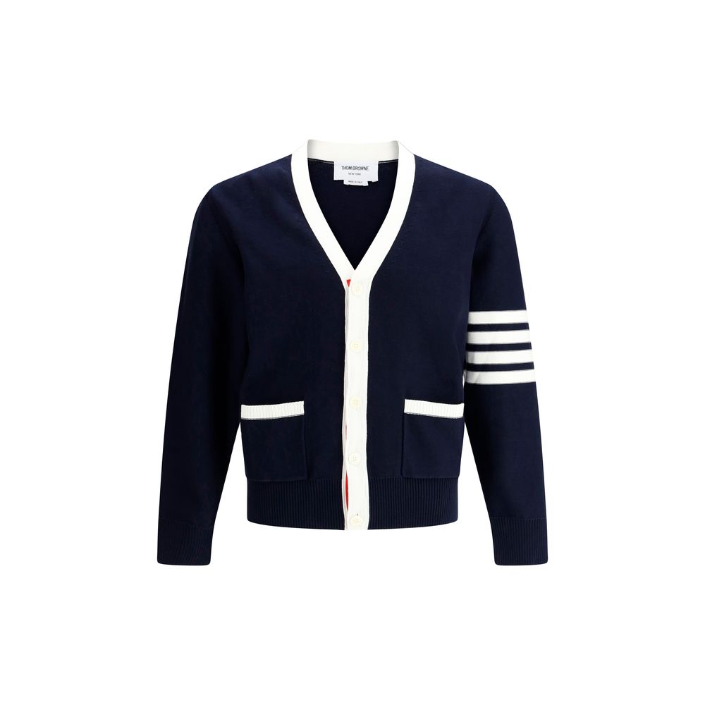 Thom Browne Grey Cotton Cardigan with Iconic Stripes