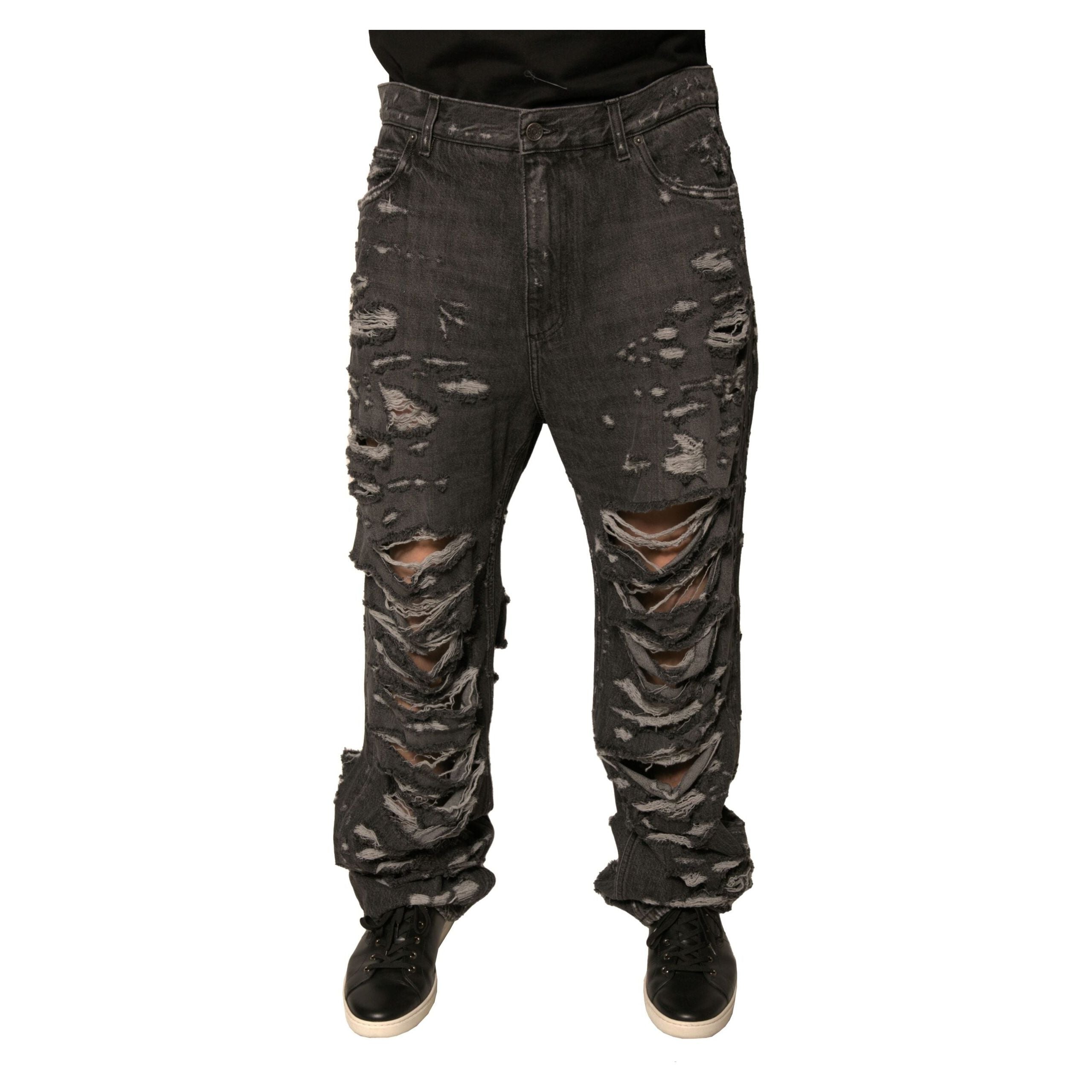 Dolce & Gabbana Gray Tattered Cotton Straight Denim Jeans