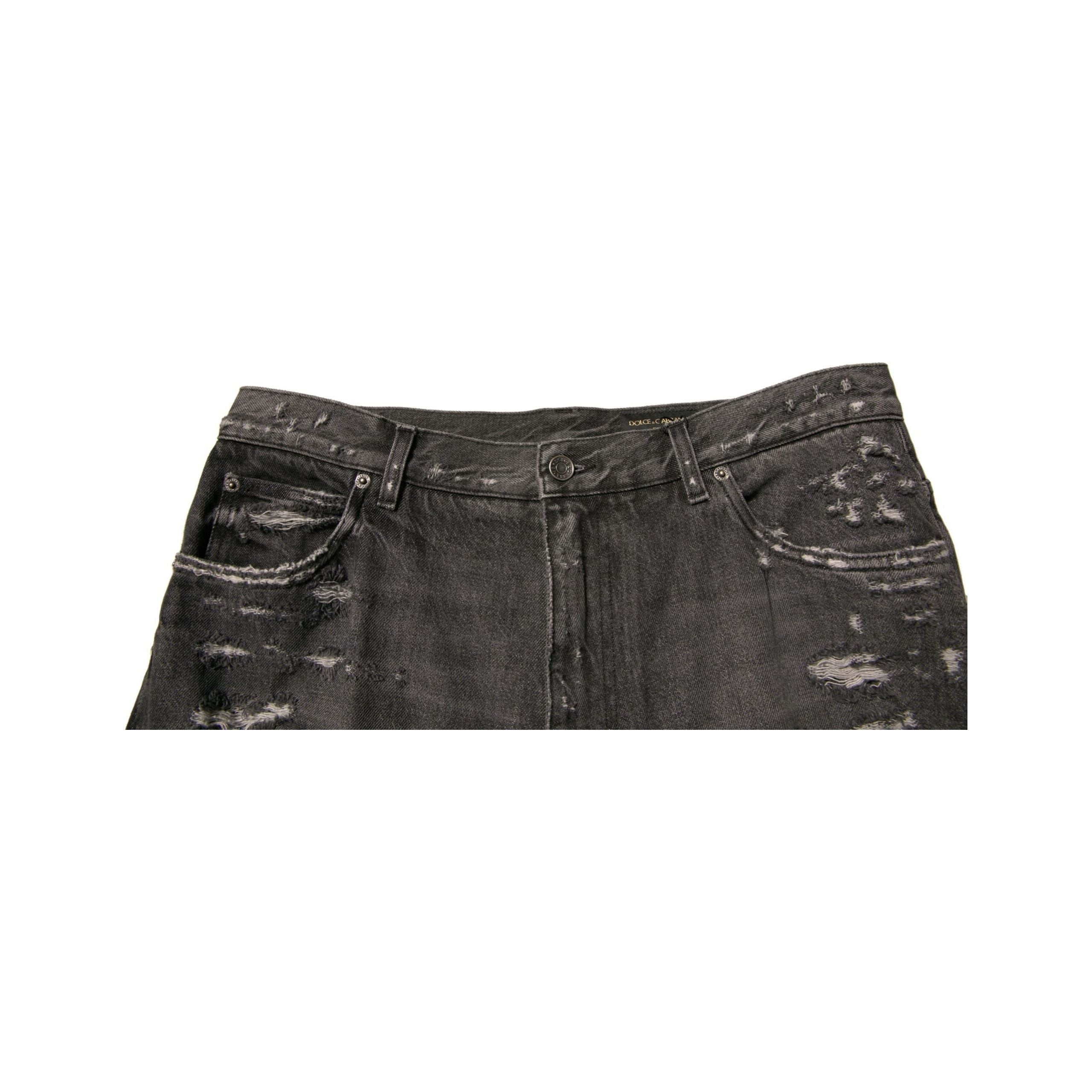 Dolce & Gabbana Gray Tattered Cotton Straight Denim Jeans