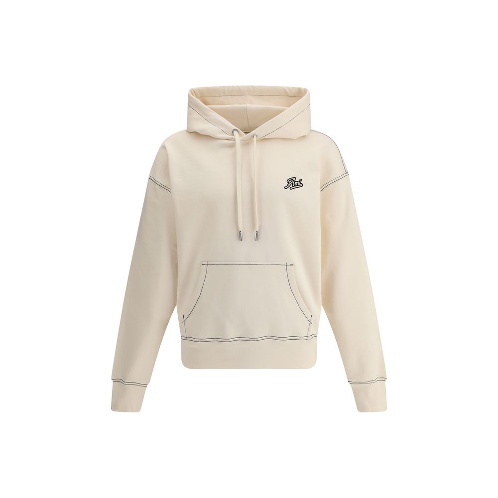 Ami Paris Grey Cotton Logoed Hoodie for Elevated Streetwear Sophistication