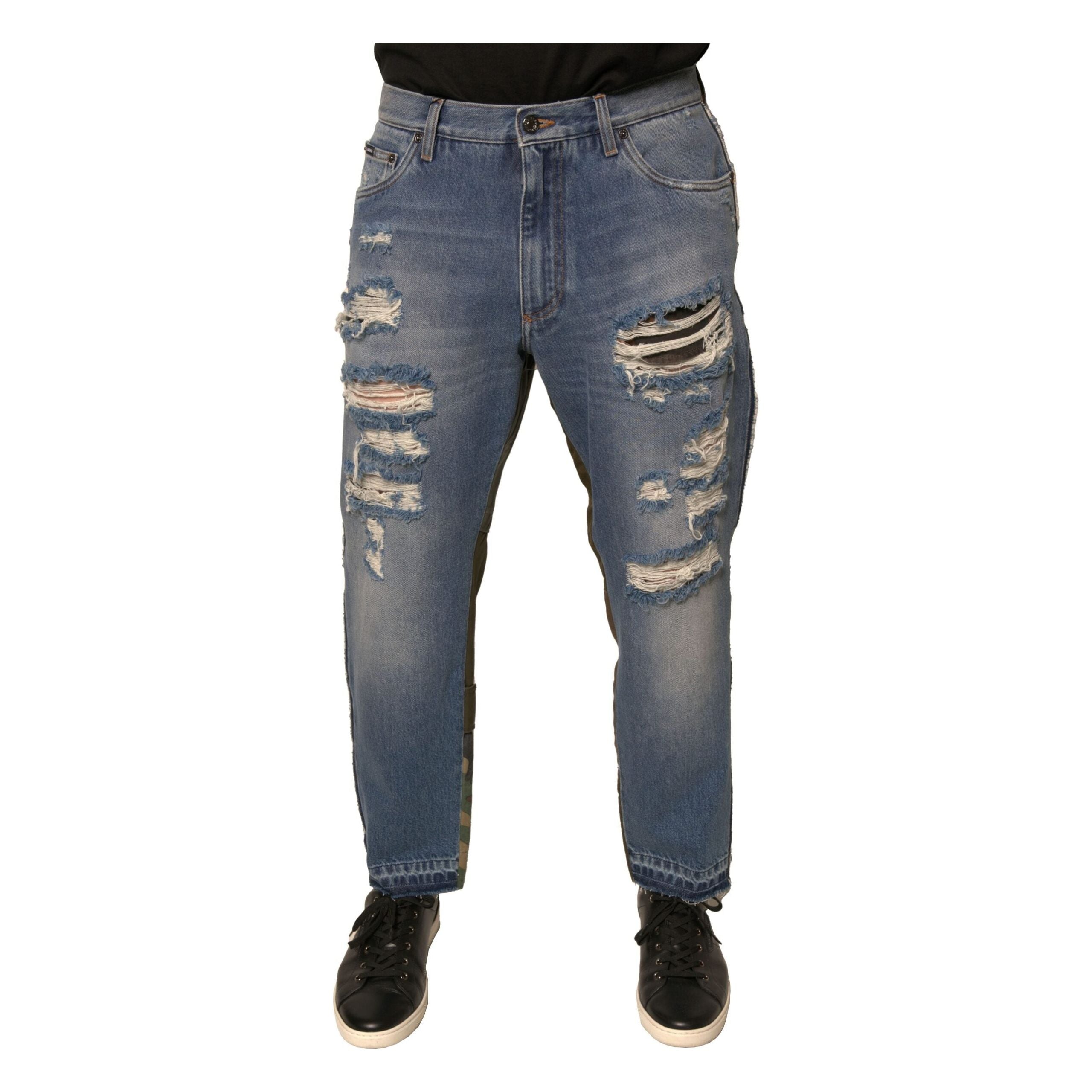 Dolce & Gabbana Blue Tattered Cotton Cropped Denim Jeans
