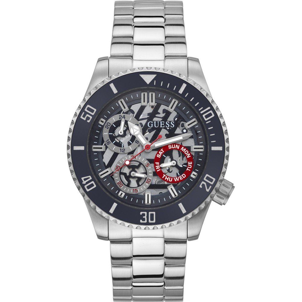 Guess Silver Stainless Steel Watch with Striking Blue Dial