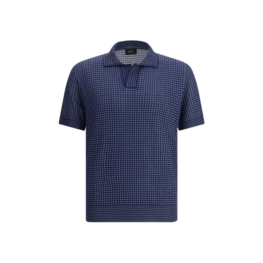 Brioni Navy Silk Polo Shirt in Signature Check Pattern