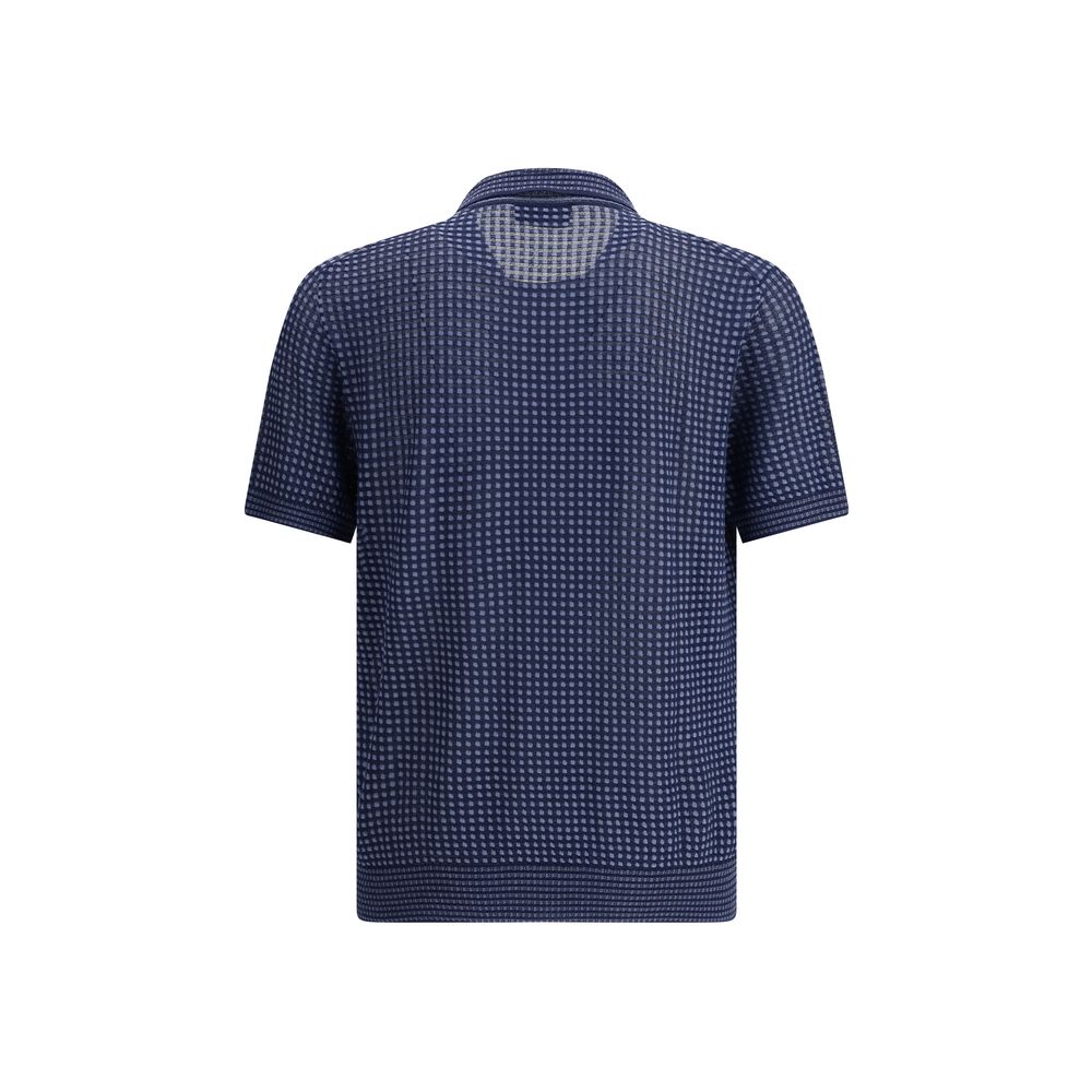 Brioni Navy Silk Polo Shirt in Signature Check Pattern