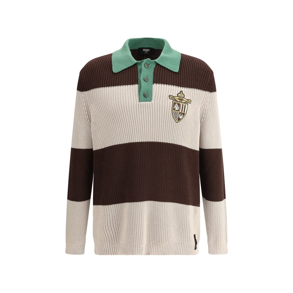 Fendi Grey Cotton Ribbed Sweater with Iconic Monogram Detail