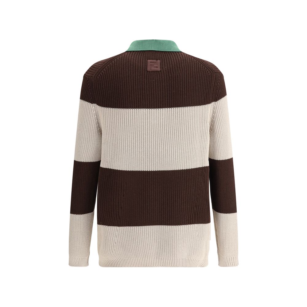 Fendi Grey Cotton Ribbed Sweater with Iconic Monogram Detail