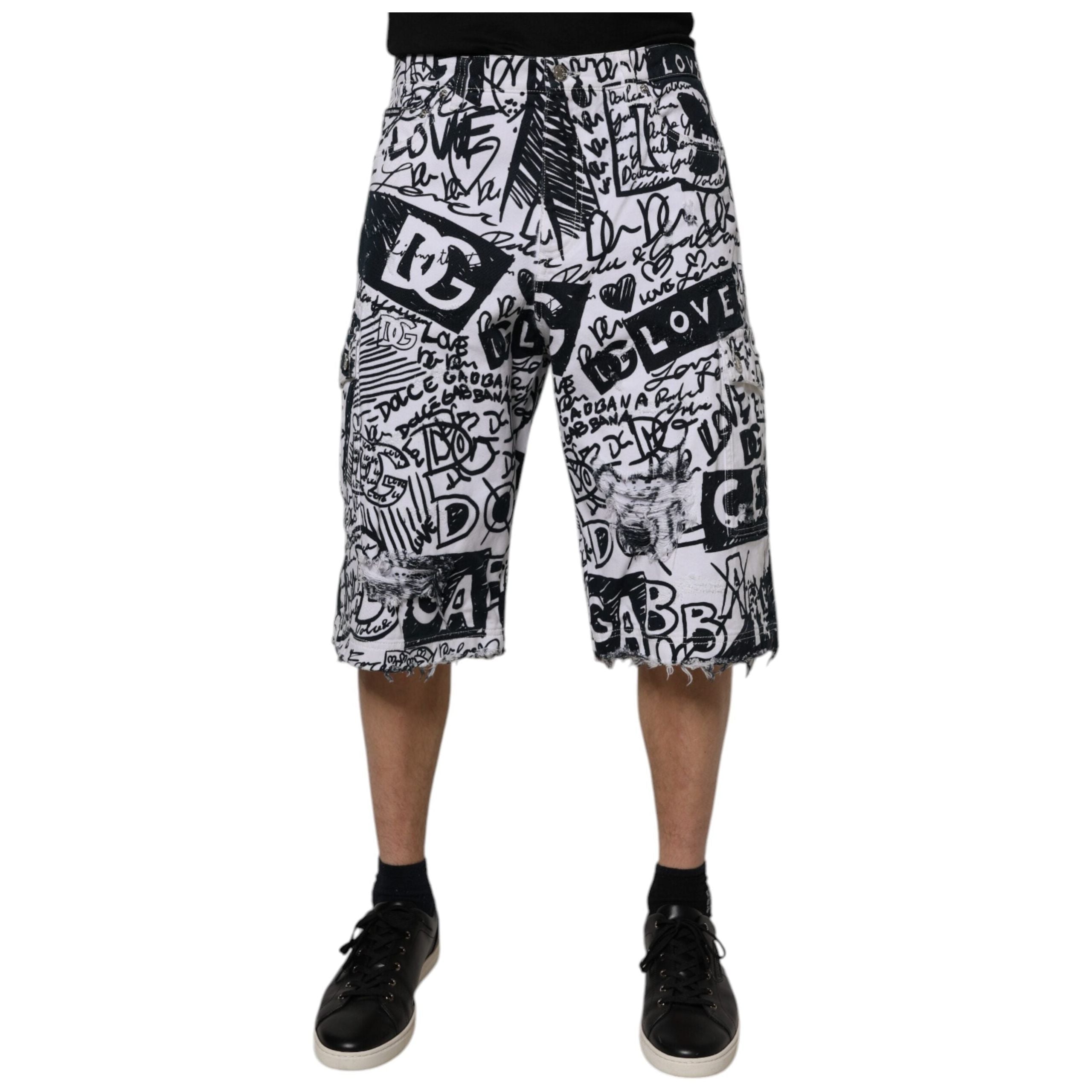 Dolce & Gabbana White Graffiti Cotton Bermuda Denim Shorts