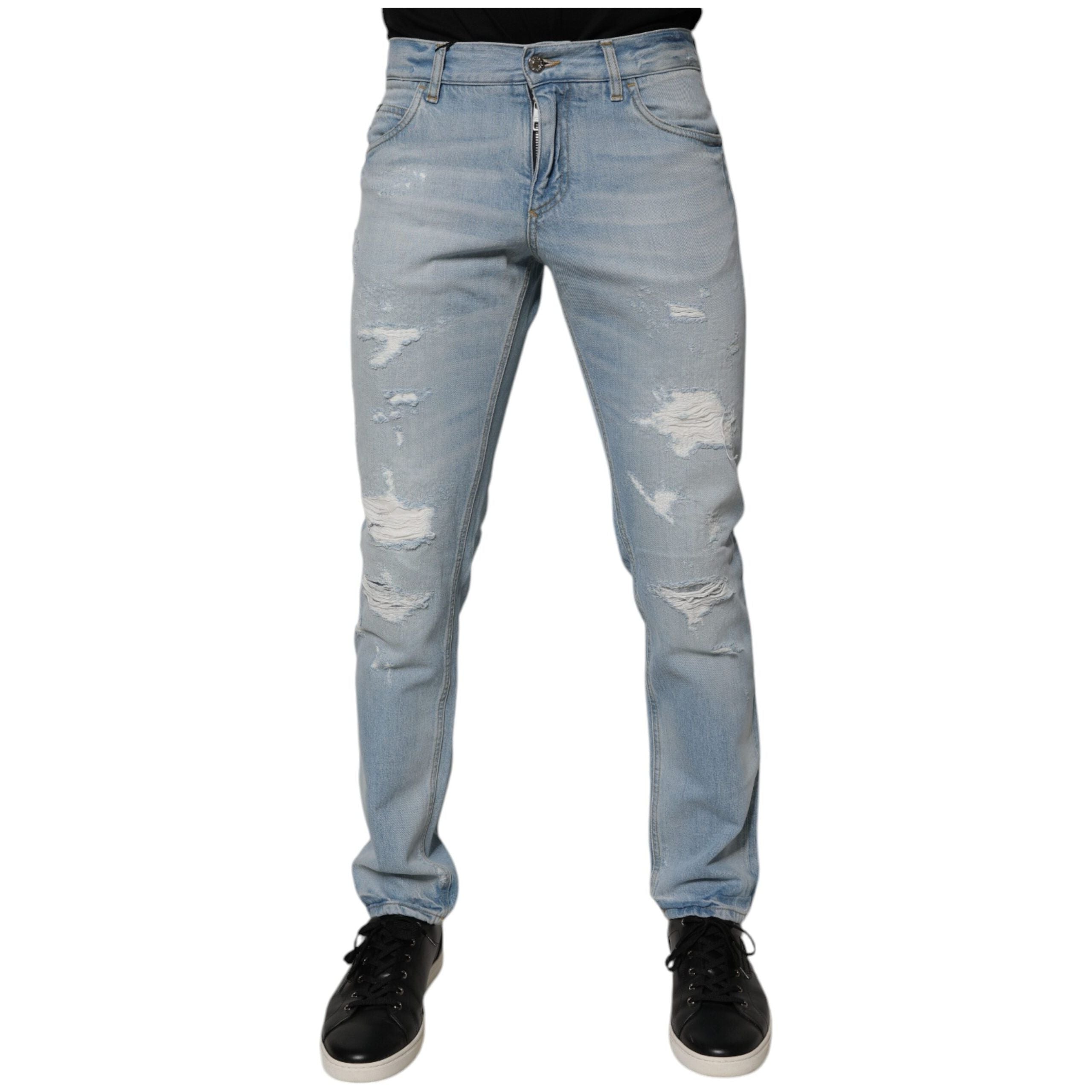 Dolce & Gabbana Light Blue Cotton Tattered Logo Skinny Denim Jeans