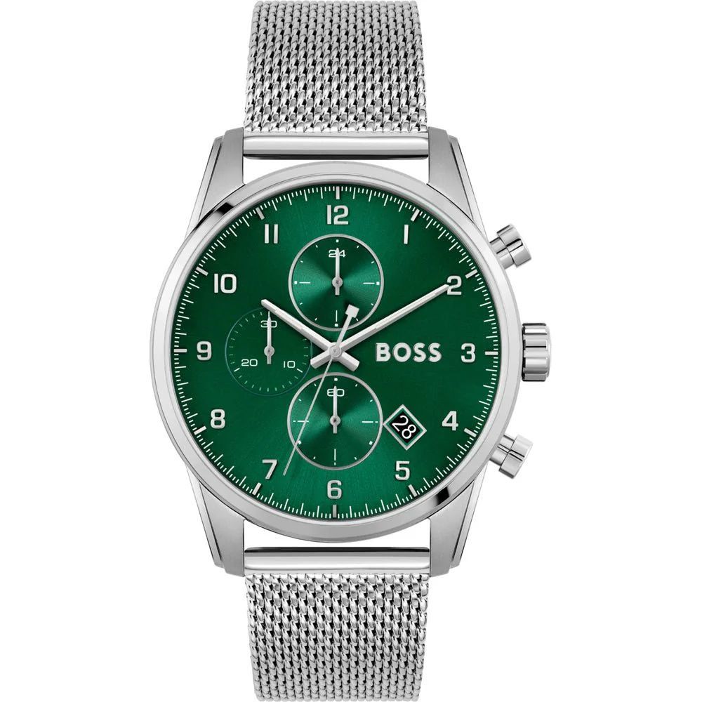 Hugo Boss Silver Stainless Steel Watch with Green Dial