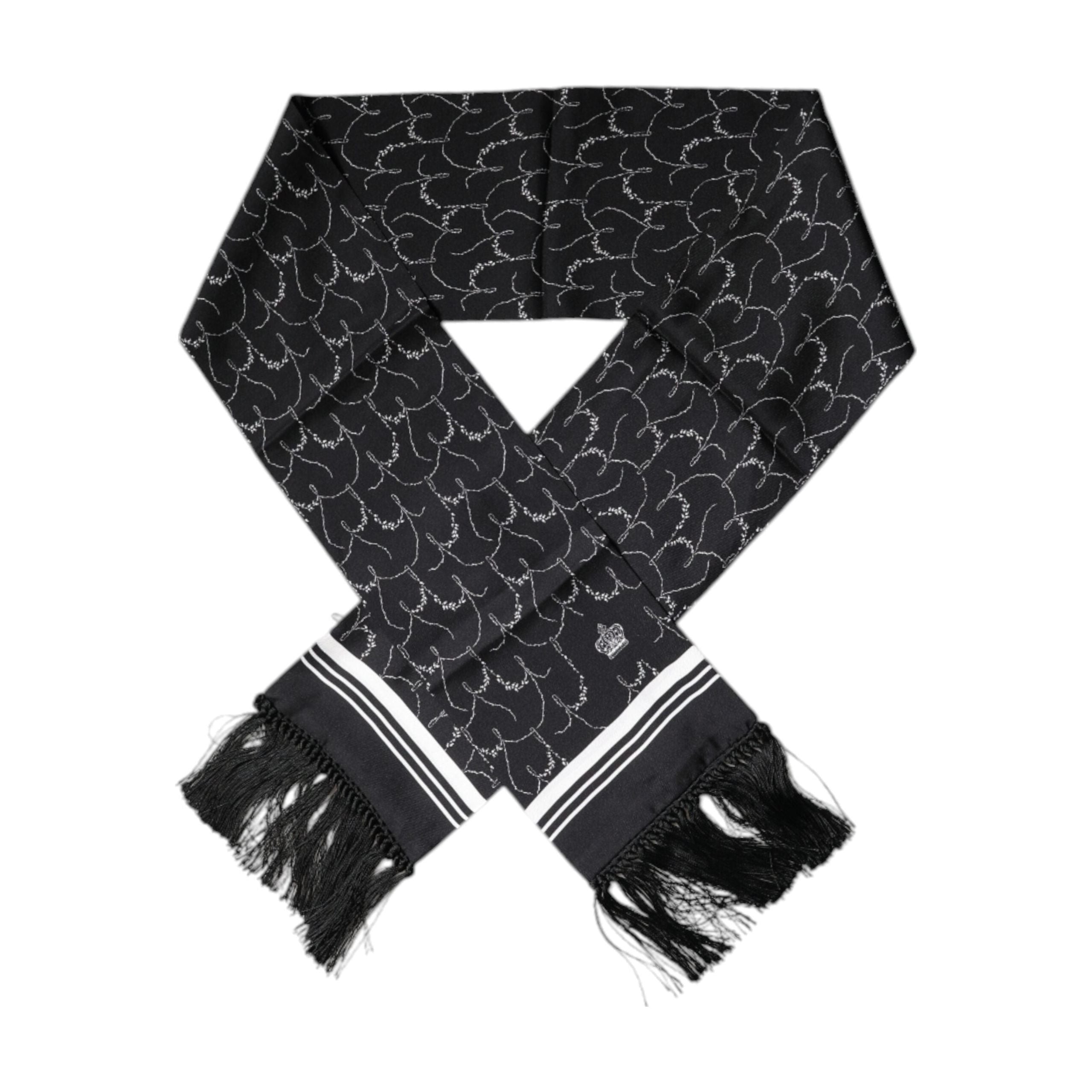 Dolce & Gabbana Black Silk Patterned Fringes Scarf