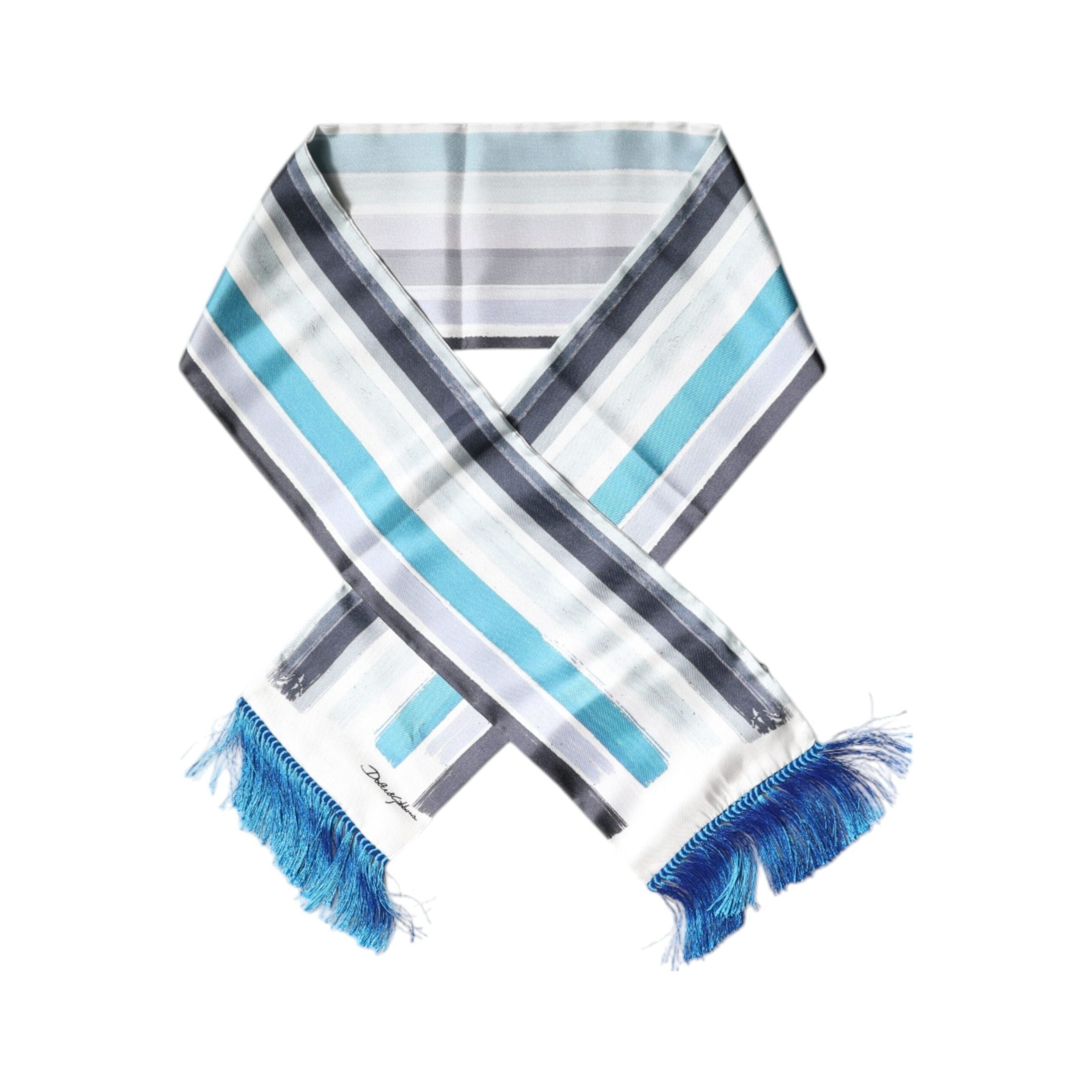 Dolce & Gabbana White Blue Stripes Silk Fringes Wrap Scarf