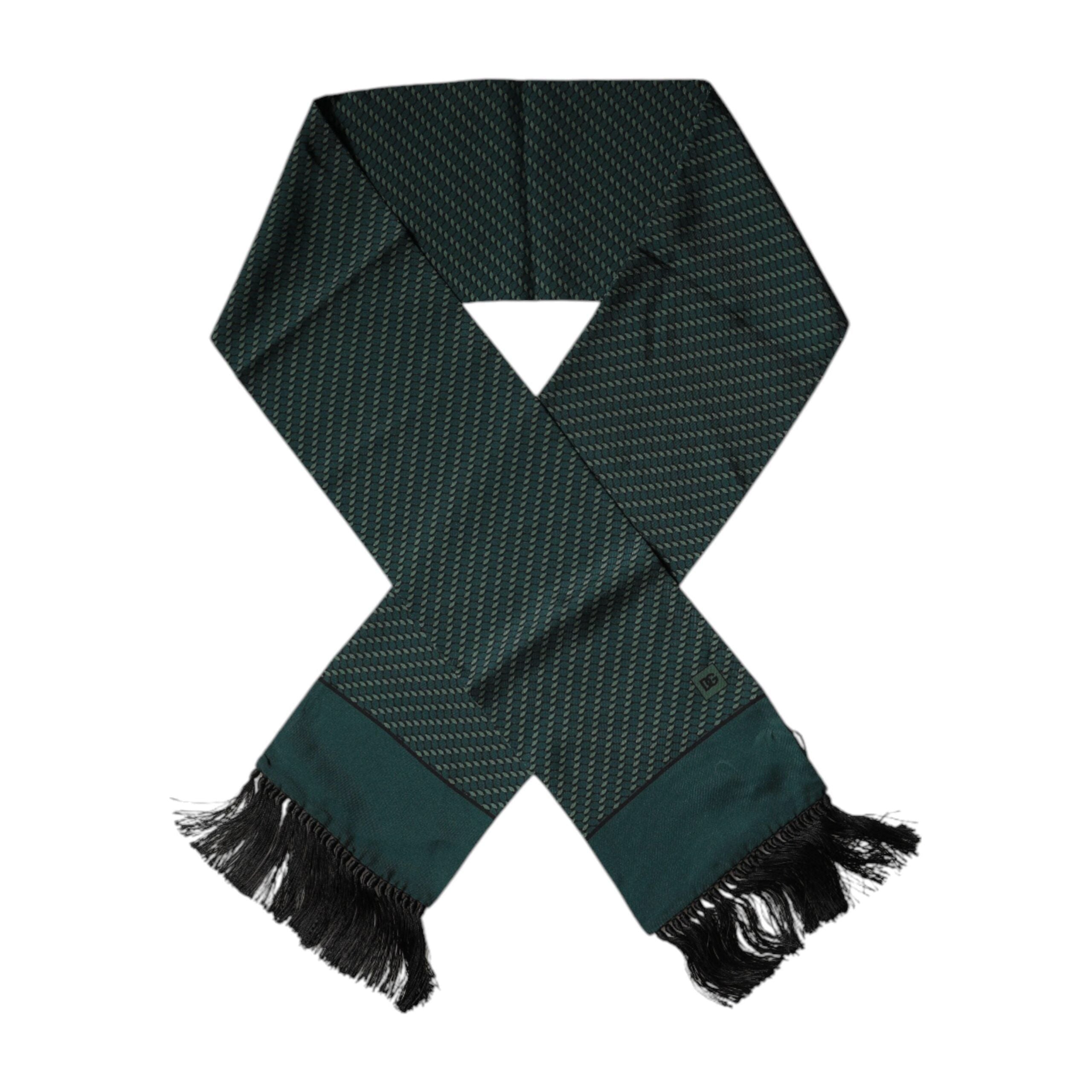 Dolce & Gabbana Dark Green Silk Fantasy Fringes Neck Wrap Scarf