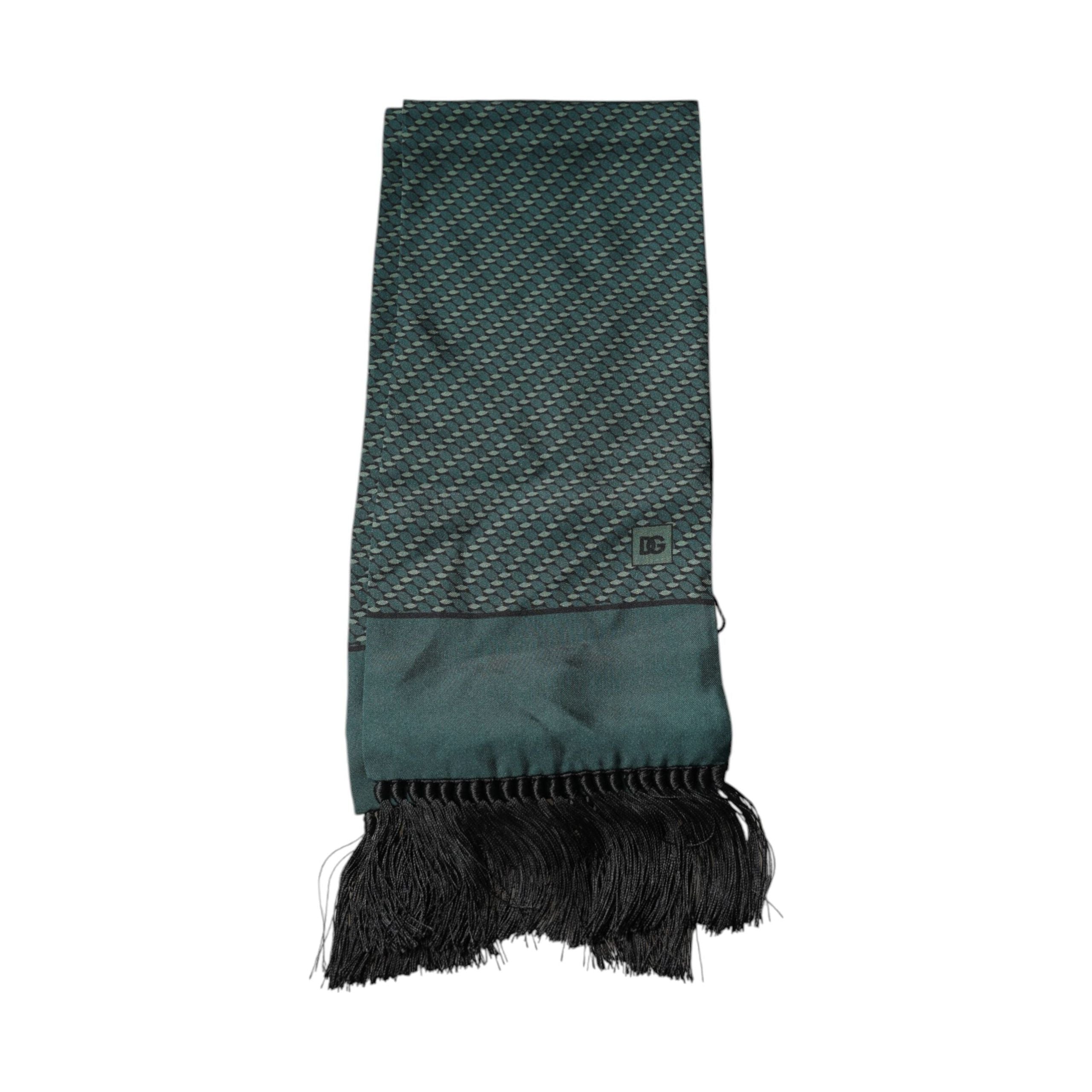 Dolce & Gabbana Dark Green Silk Fantasy Fringes Neck Wrap Scarf