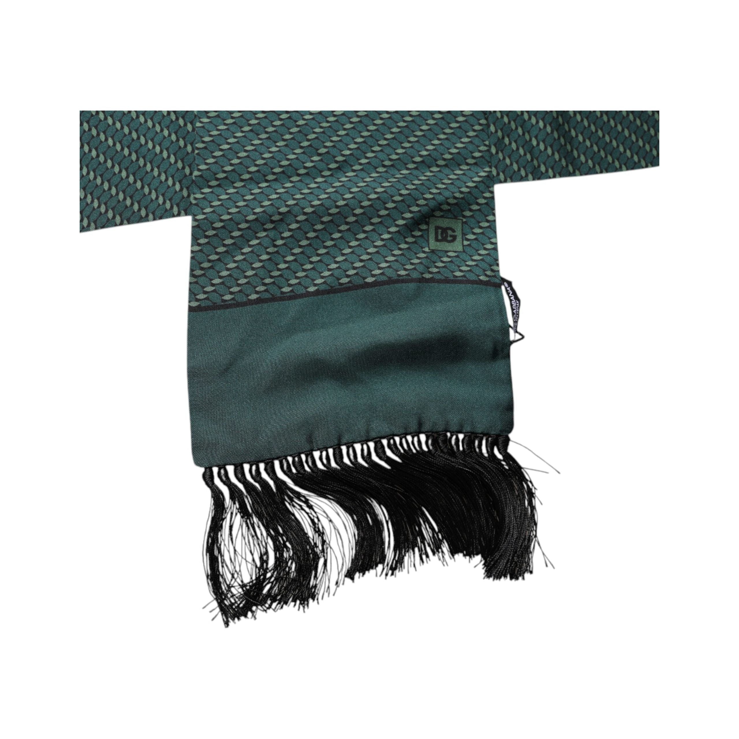 Dolce & Gabbana Dark Green Silk Fantasy Fringes Neck Wrap Scarf