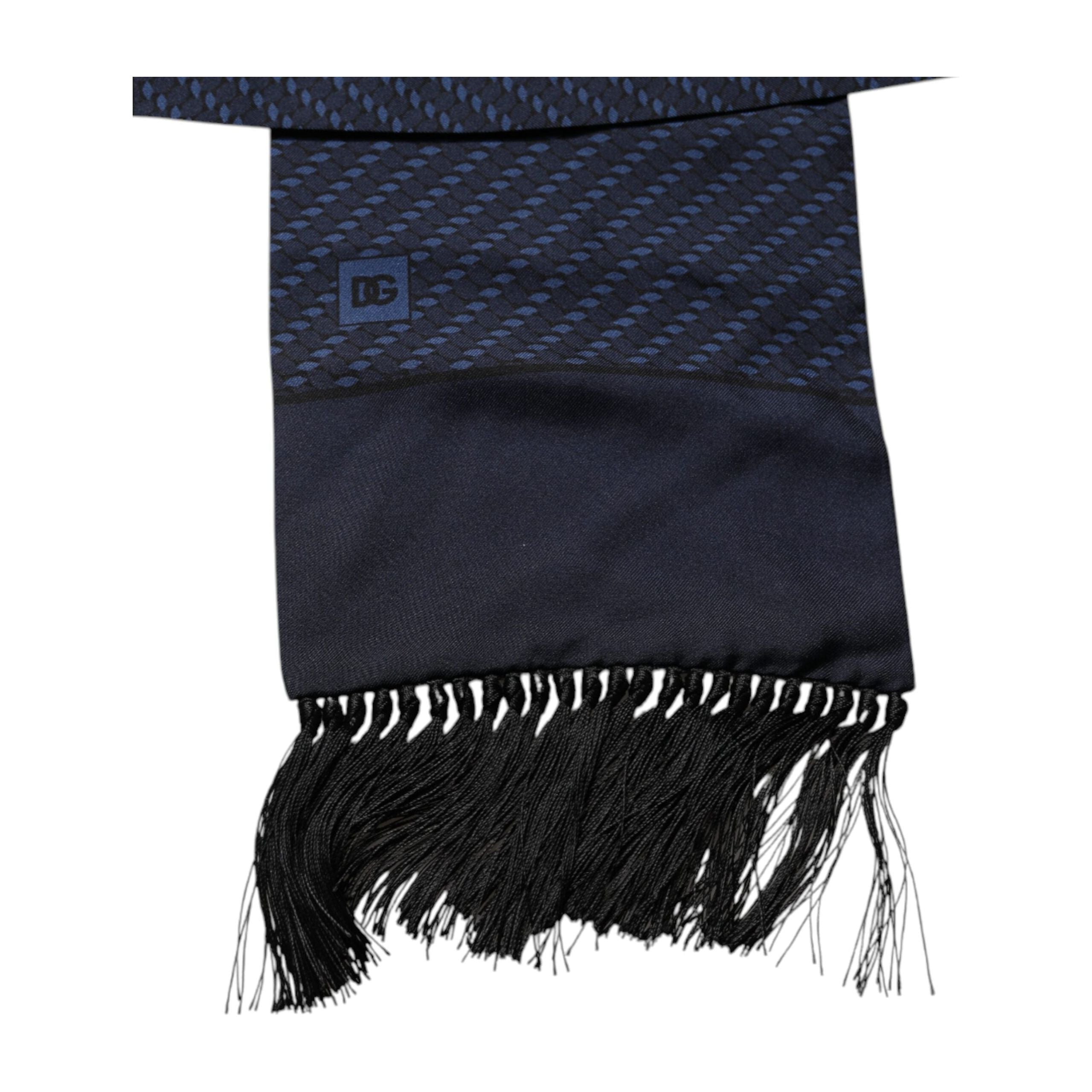 Dolce & Gabbana Dark Blue Silk Fantasy Fringes Neck Wrap Scarf