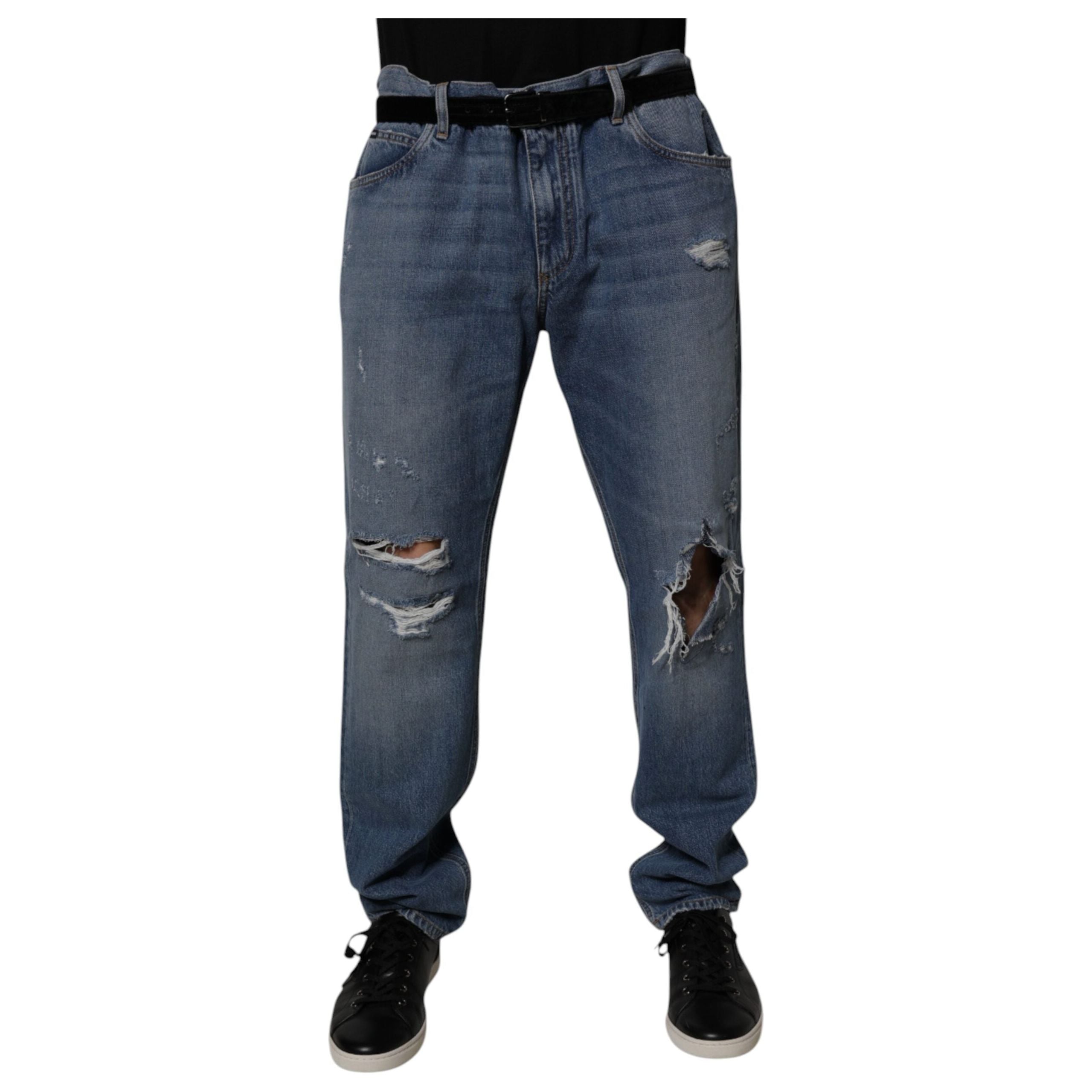 Dolce & Gabbana Blue Tattered Cotton Straight Denim Jeans