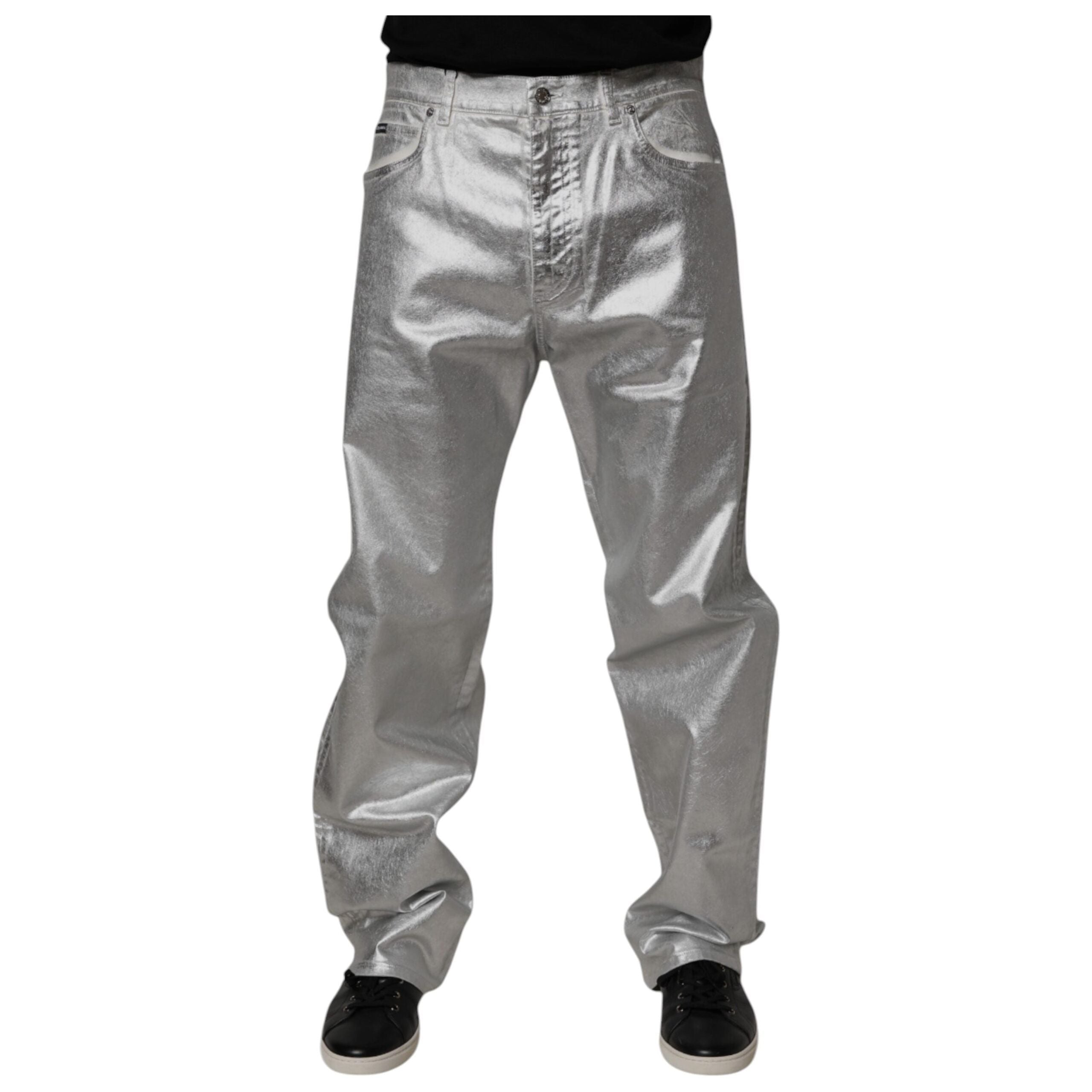 Dolce & Gabbana Metallic Silver Cotton Straight Denim Jeans