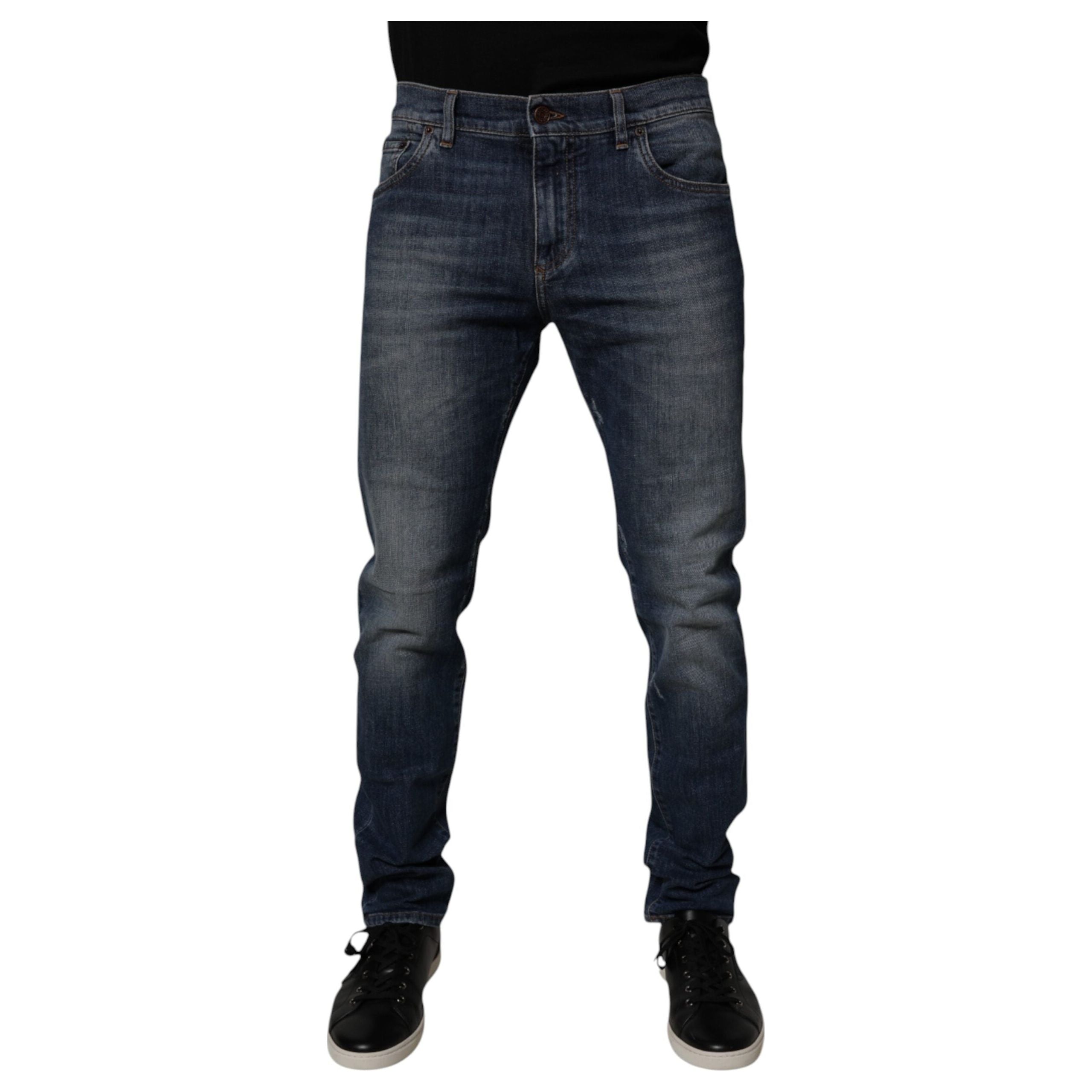Dolce & Gabbana Dark Blue Cotton Leather Skinny Denim Jeans