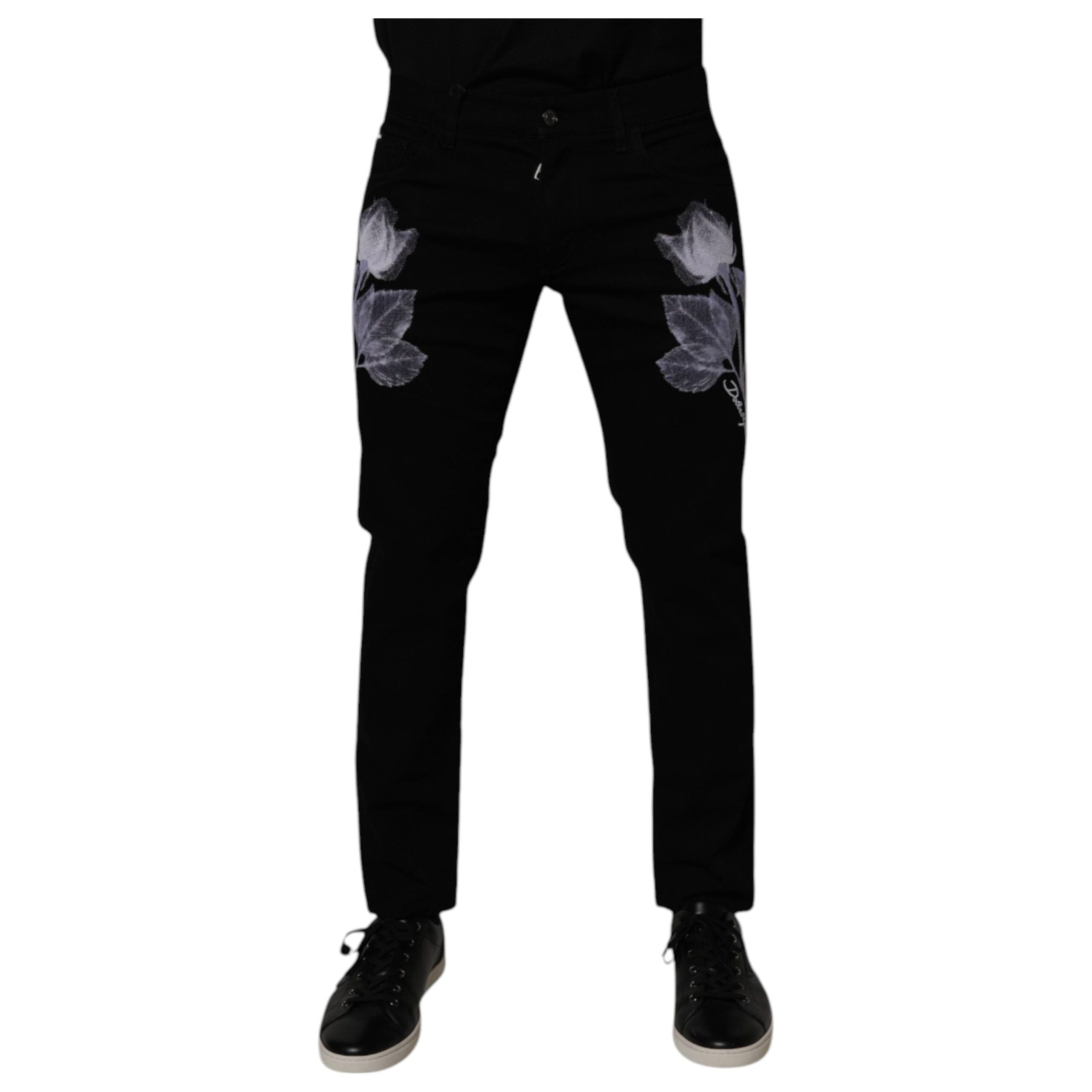 Dolce & Gabbana Black Floral Cotton Skinny Denim Jeans