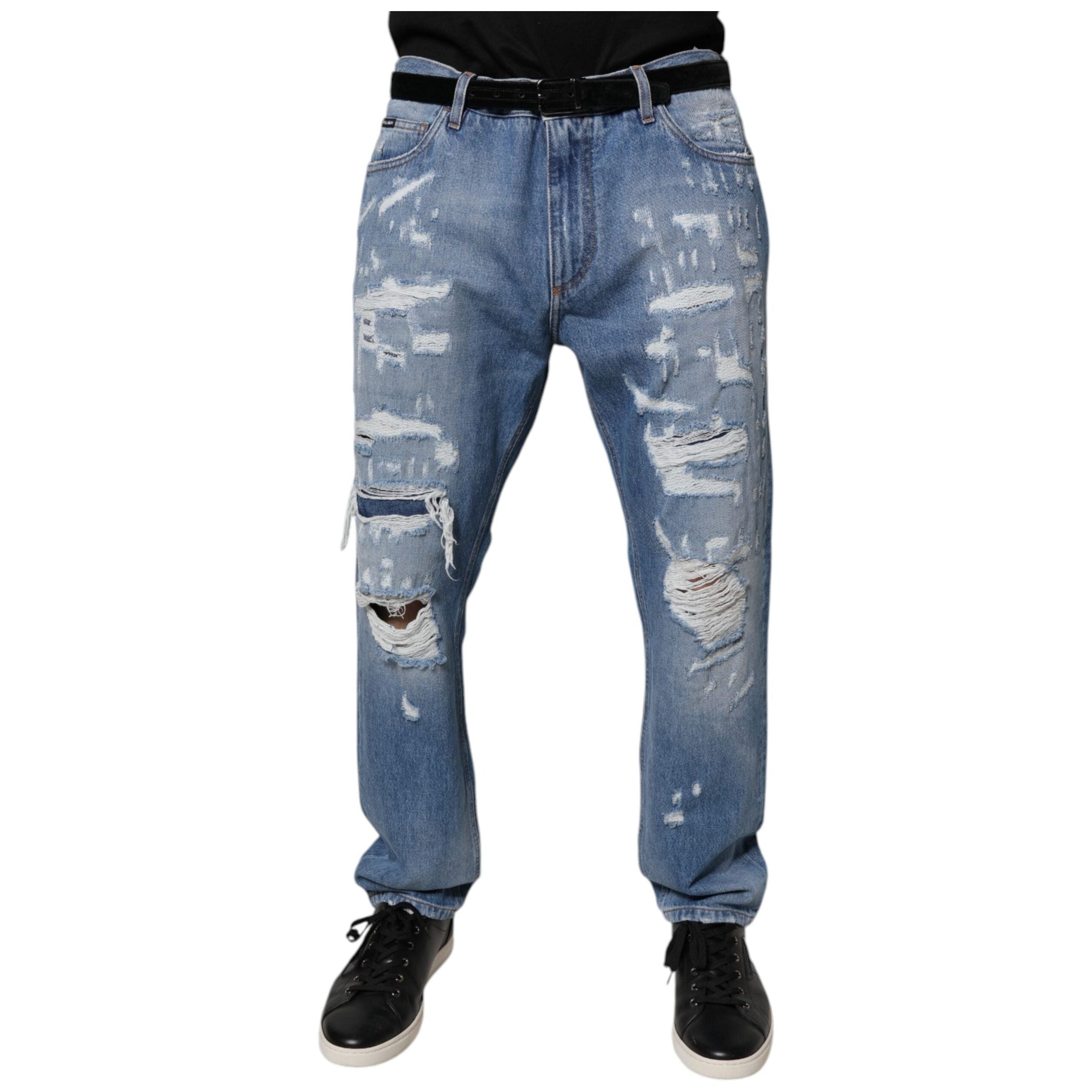 Dolce & Gabbana Blue Tattered Straight Cotton Denim Jeans