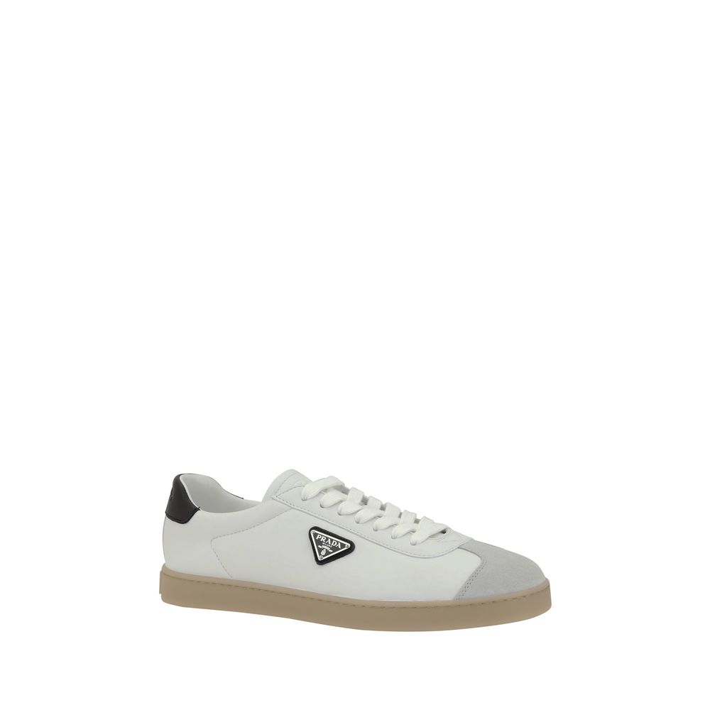 Prada White Leather Logoed Sneakers: Elevate Your Style Effortlessly