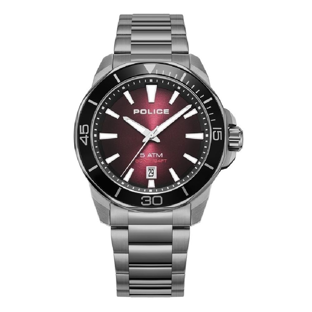 Police Gray Stainless Steel Watch with Red Dial Elegance