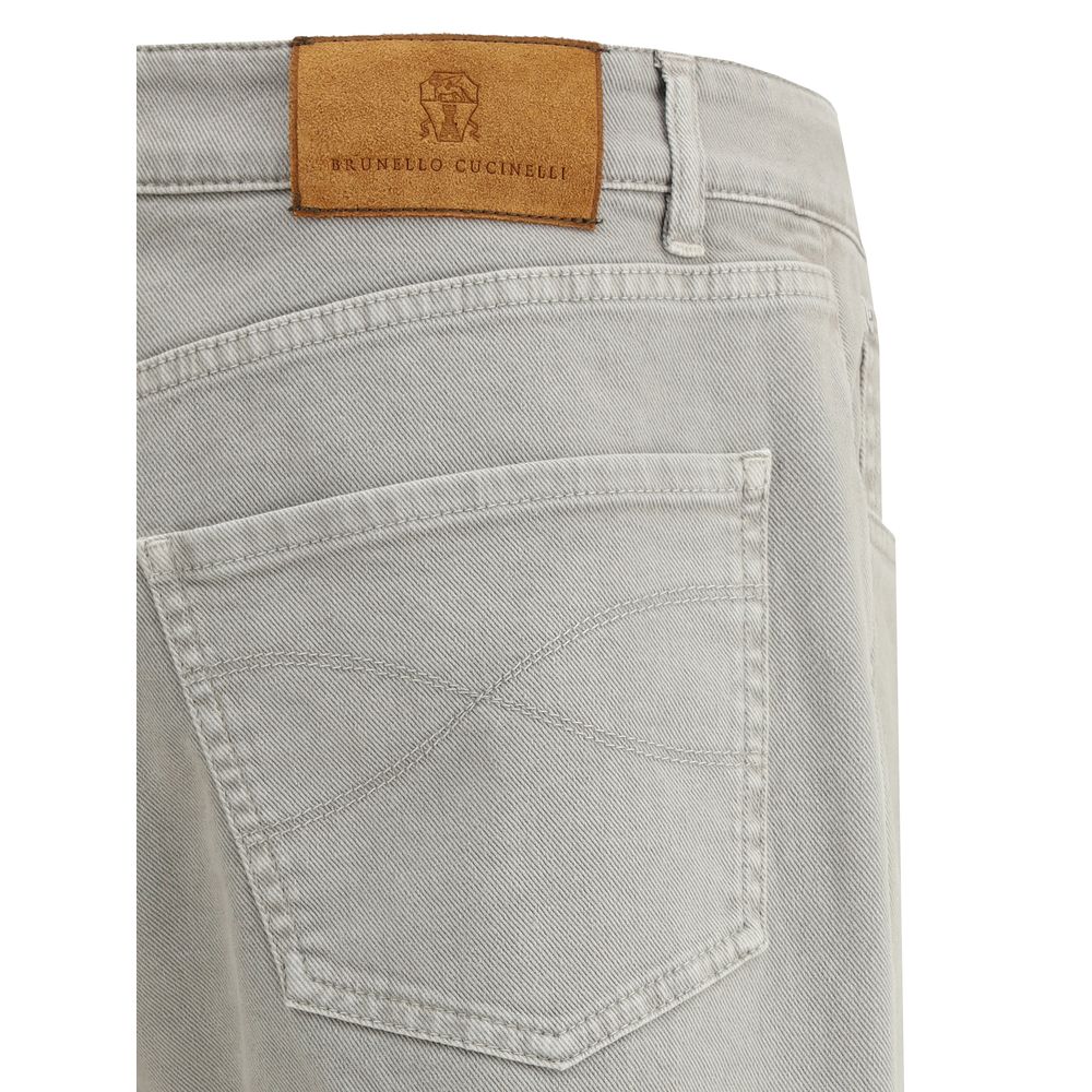 Brunello Cucinelli Beige Cotton Pants with Turn-Up Hem