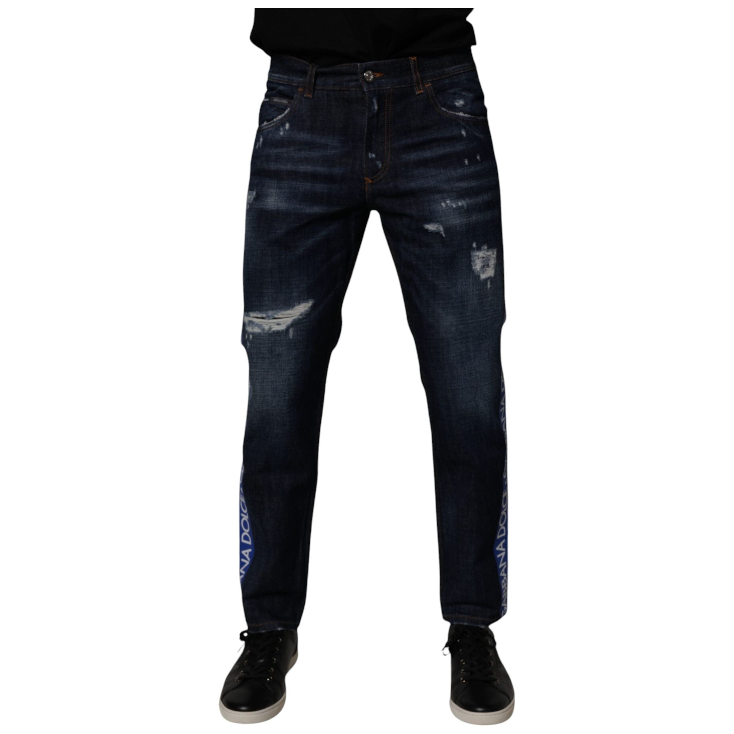 Dolce & Gabbana Dark Blue Cotton Tattered Skinny Jeans