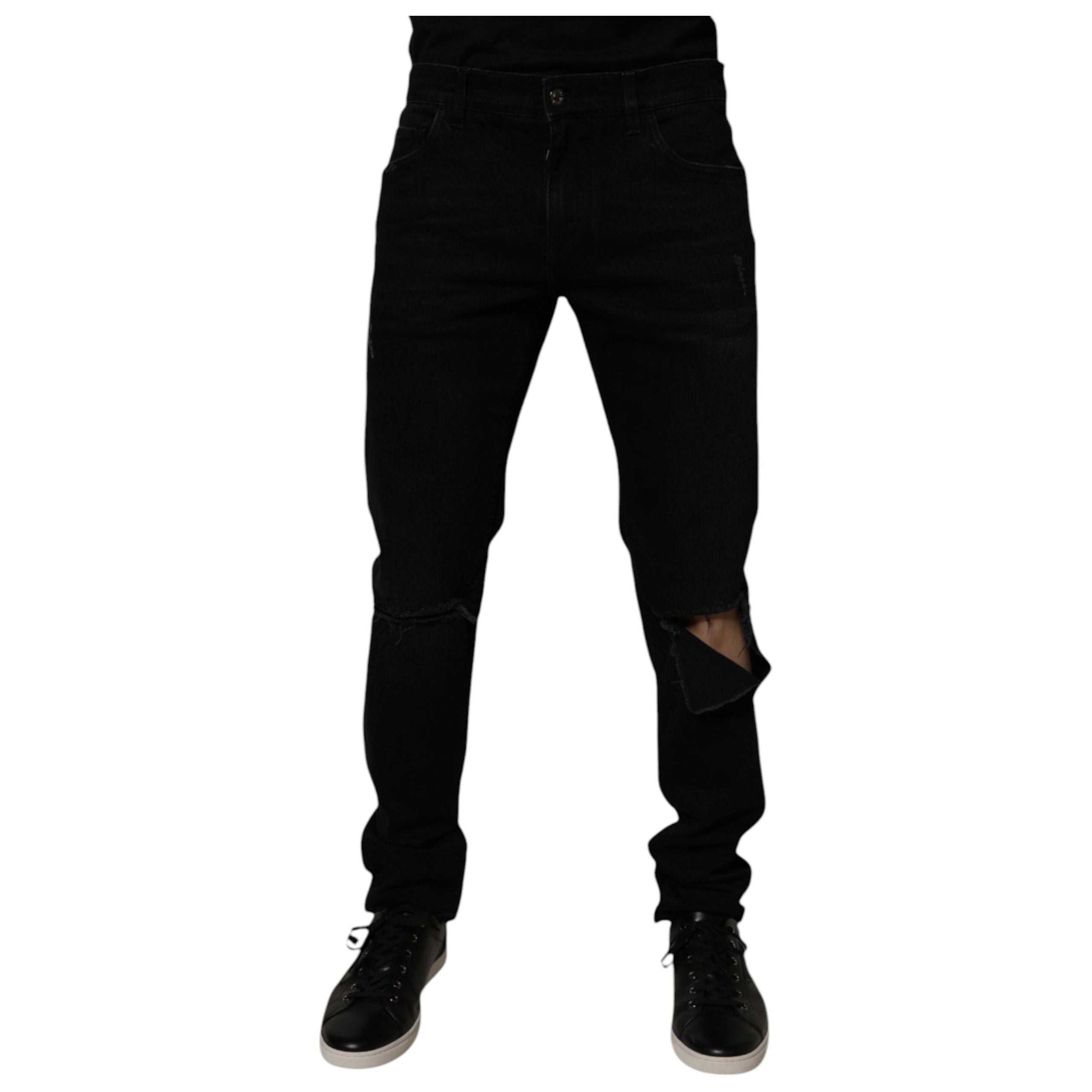 Dolce & Gabbana Black Cotton Tattered Skinny Denim Jeans