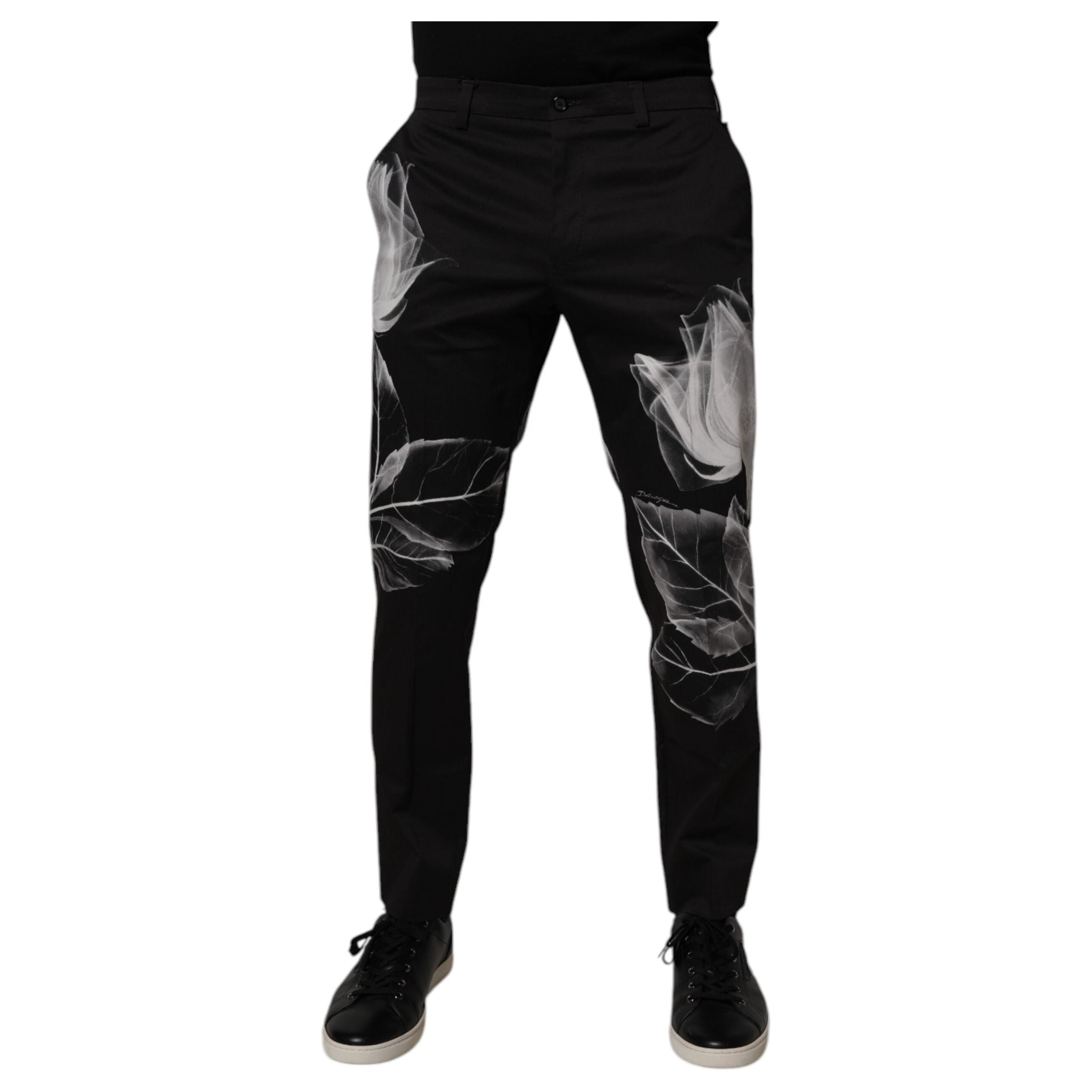 Dolce & Gabbana Black Cotton Floral Skinny Dress Pants